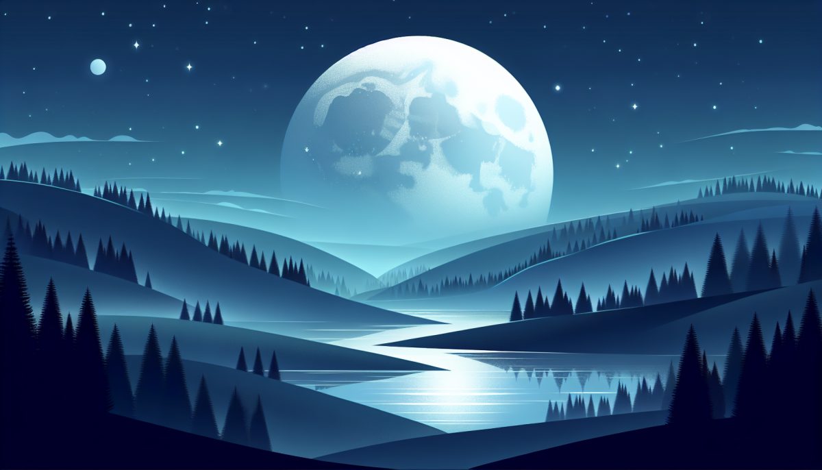 A large moon casting light over a tranquil landscape at night
