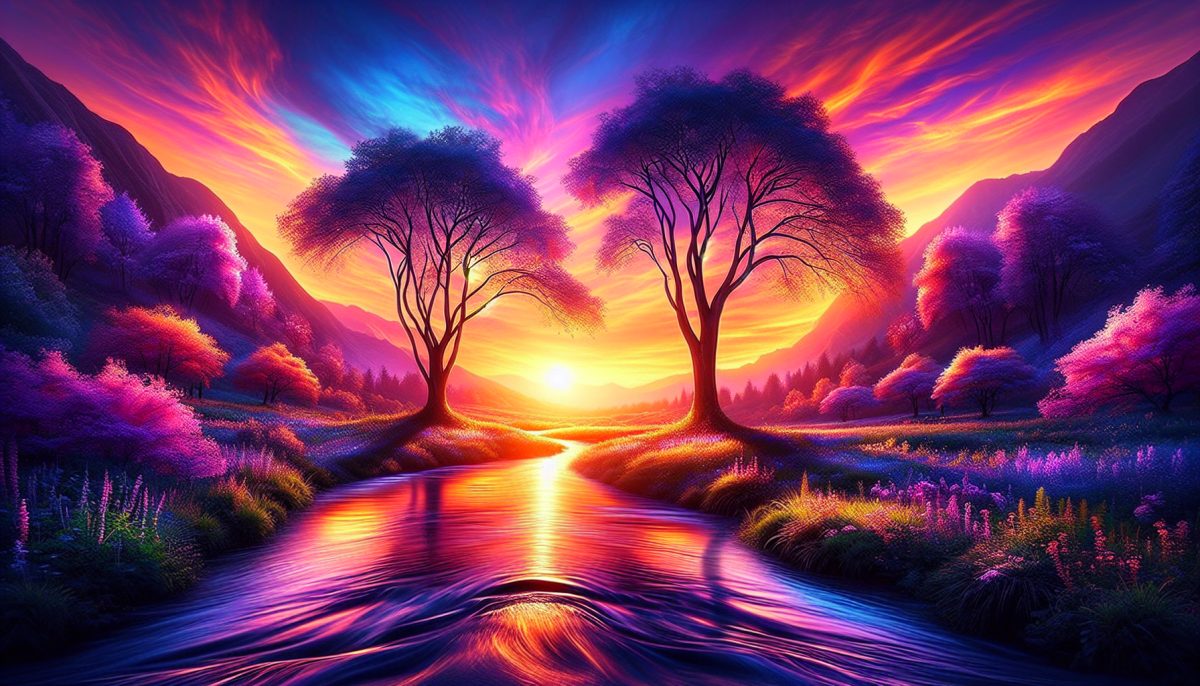 Symbolic illustration of love represented by intertwined trees and a gentle stream at sunset.
