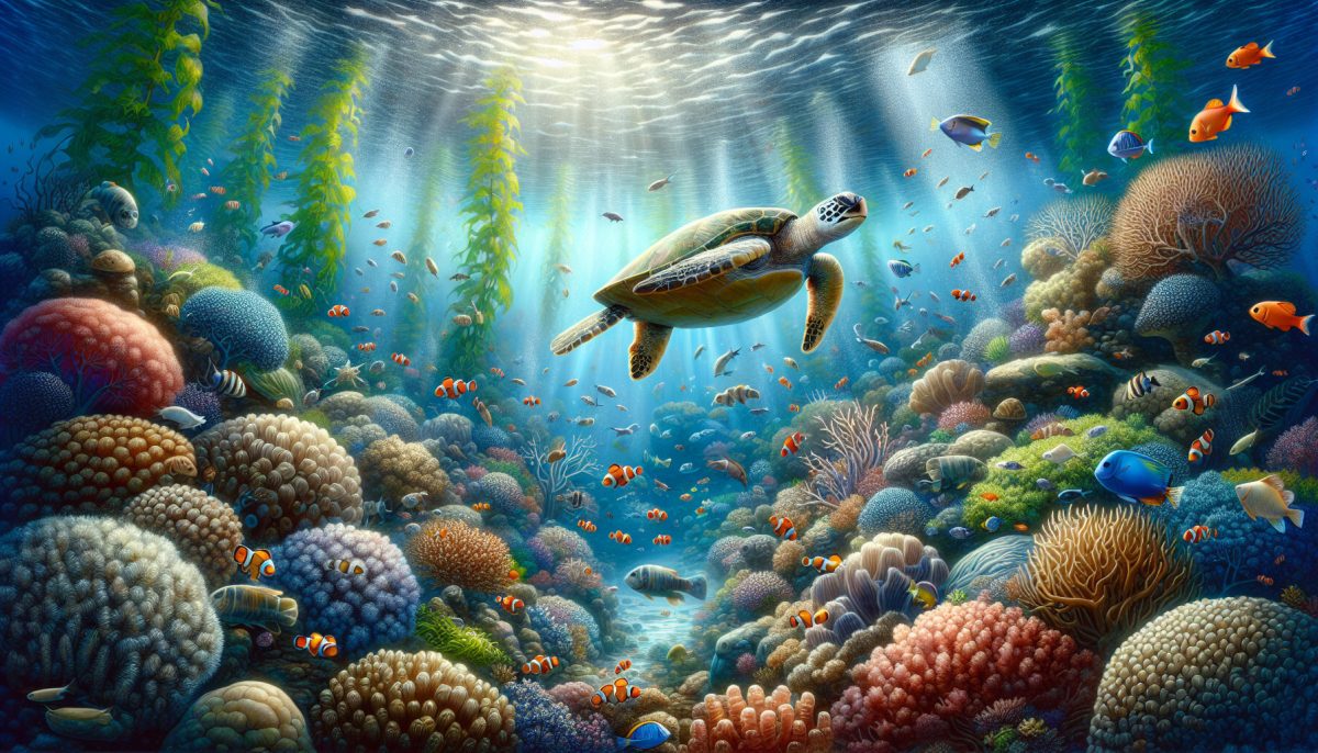 A tranquil underwater landscape filled with colorful fish and coral reefs
