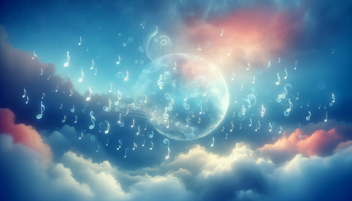 Ethereal music notes floating gracefully in a serene sky