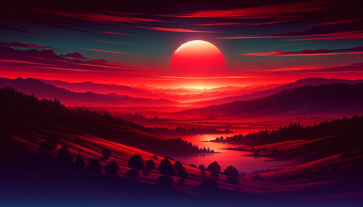 A serene landscape under a vibrant red sky at sunset, symbolizing emotion and change.