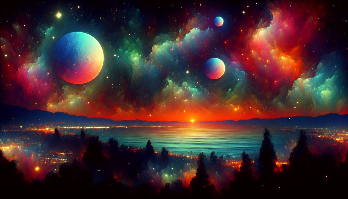 A surreal alien sky with vibrant colors and celestial bodies, symbolizing dreams and exploration.