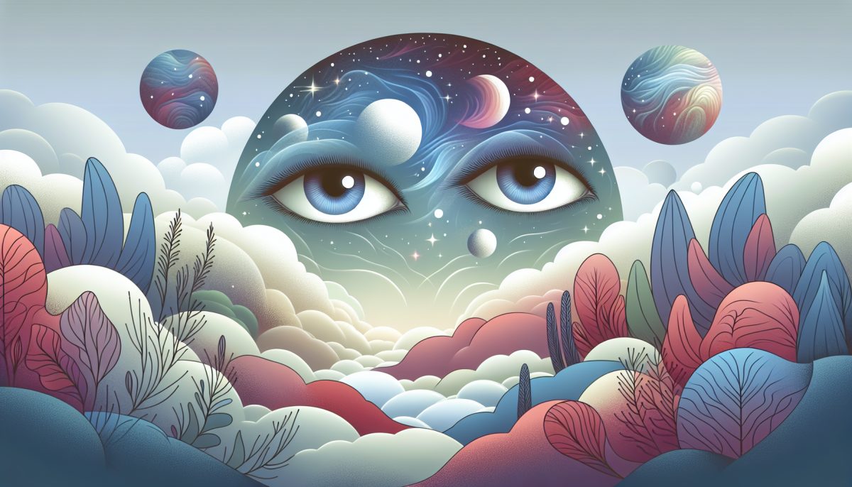 A pair of eyes watching from a dreamlike landscape, symbolizing observation and awareness.