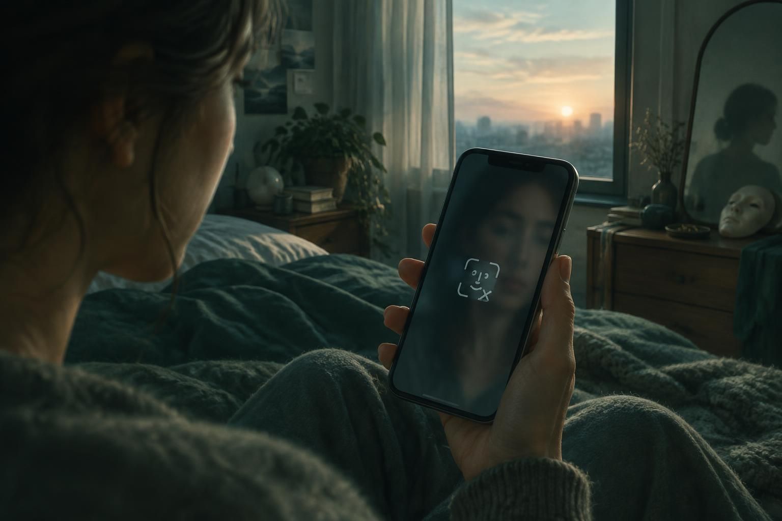 A person looks at a phone showing a Face ID error in a quiet, dreamlike room.