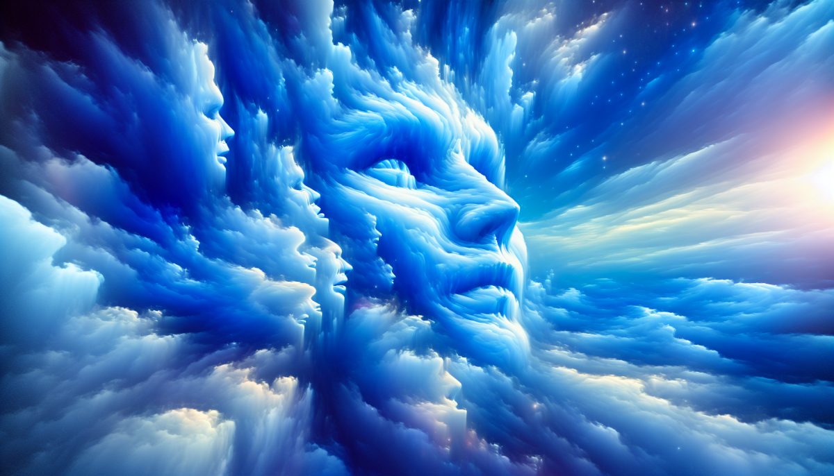 A tranquil sky filled with clouds that resemble human faces, symbolizing dreams and introspection.