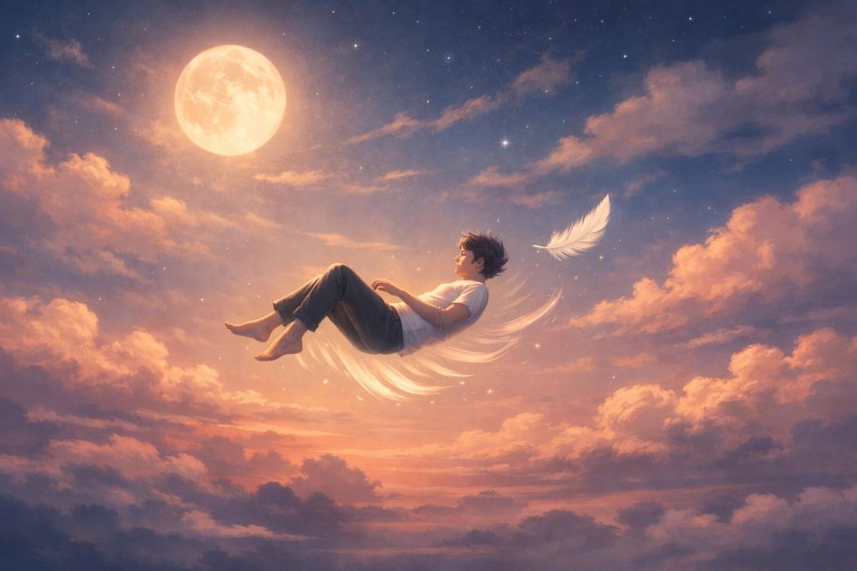 A symbolic illustration of a person floating downward gently like a feather through a calm twilight sky.