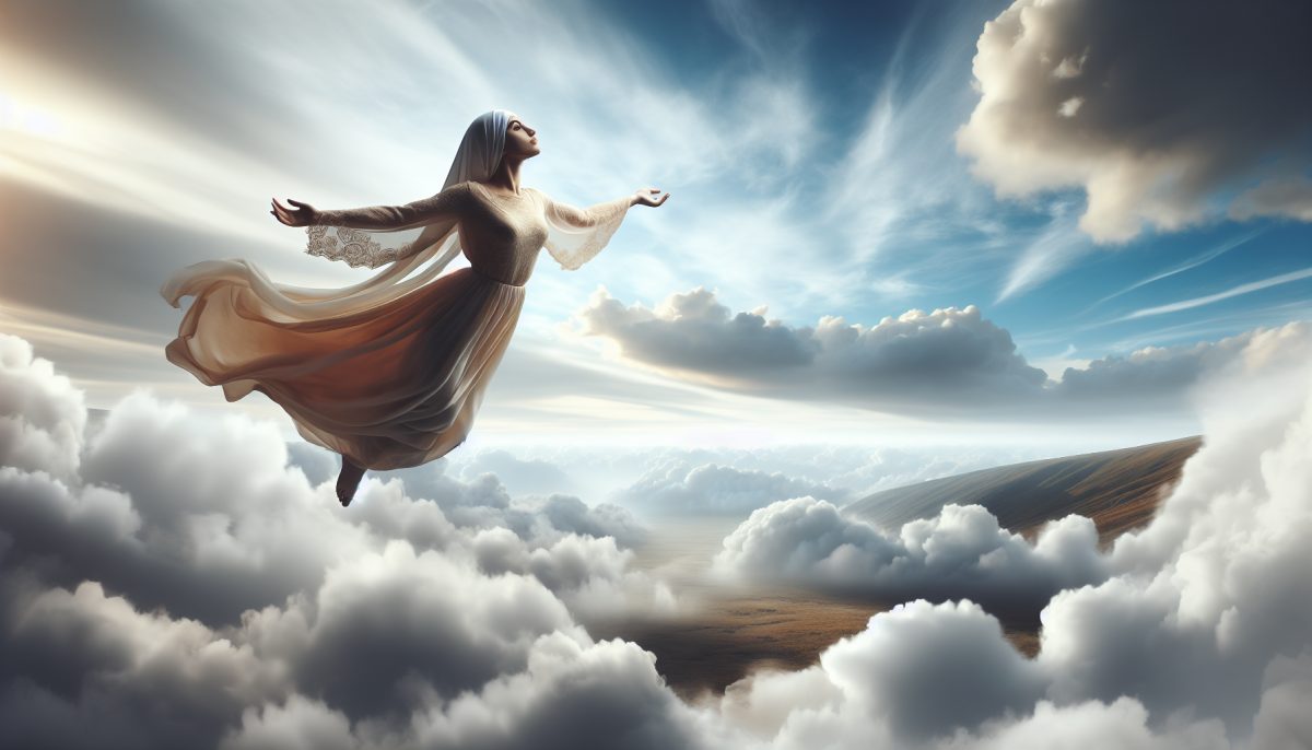 A person falling gently through fluffy clouds in a tranquil sky