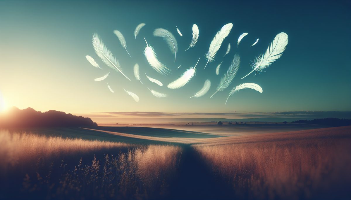 A serene landscape with feathers softly falling from a clear sky