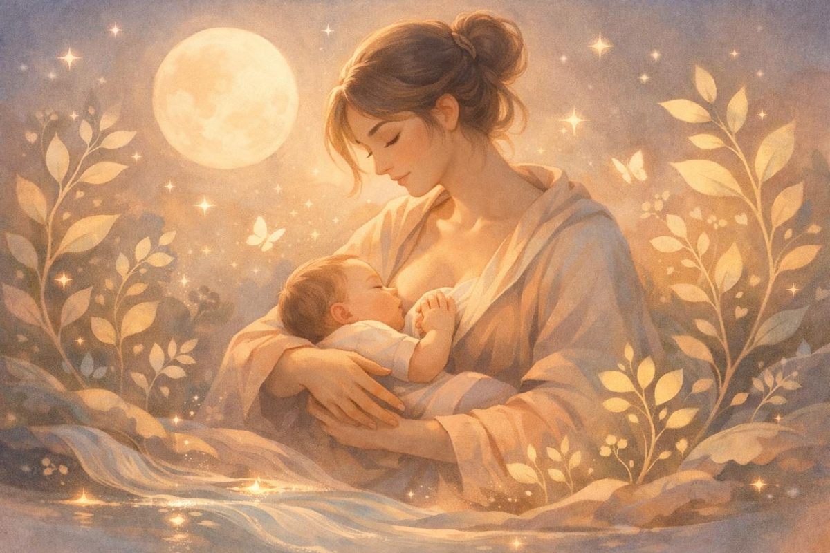 Symbolic illustration of a person feeding a baby under soft moonlight with gentle symbols of growth and care around them.