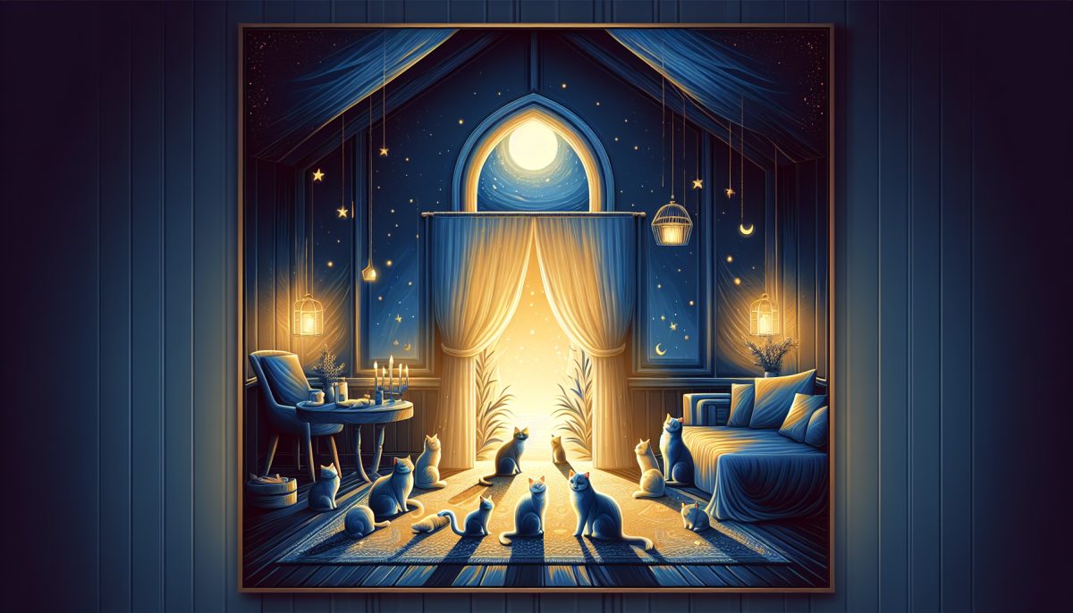 Symbolic illustration of cat family members gathered in a moonlit home interior