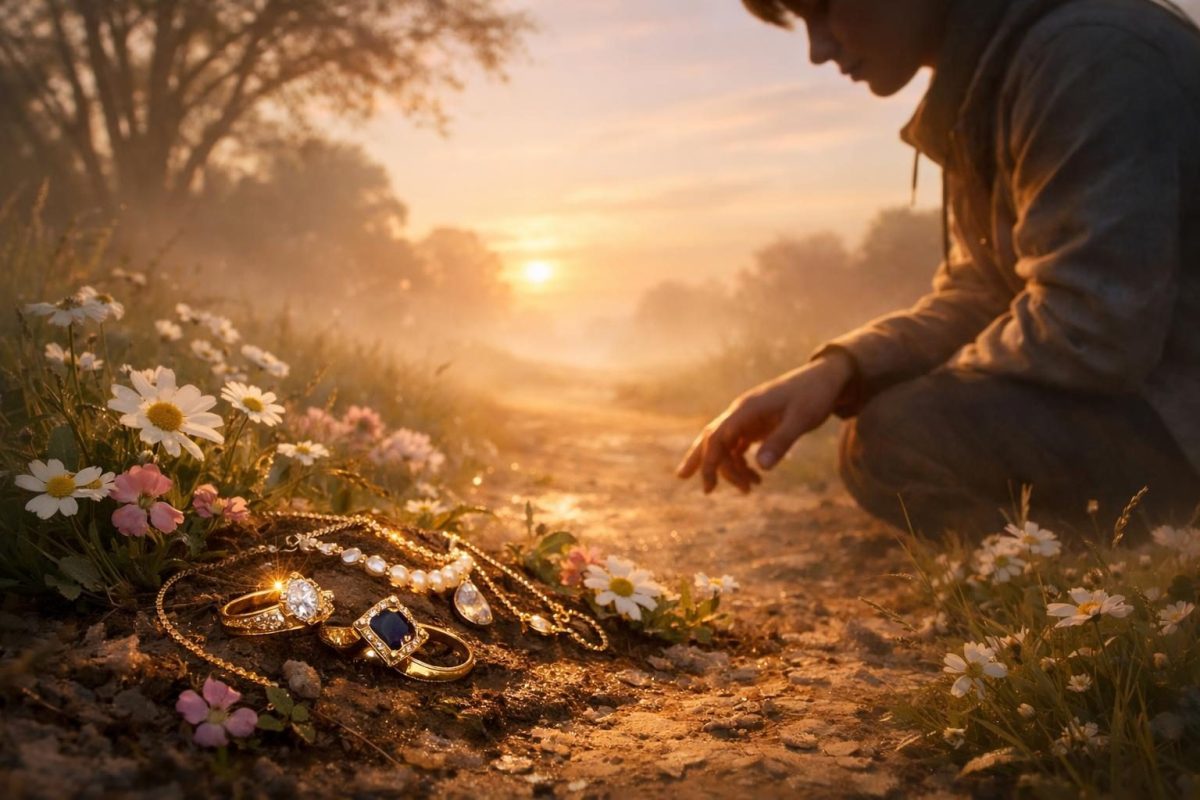 Symbolic illustration of someone finding jewellery on a path at dawn, with soft golden light and a reflective mood.