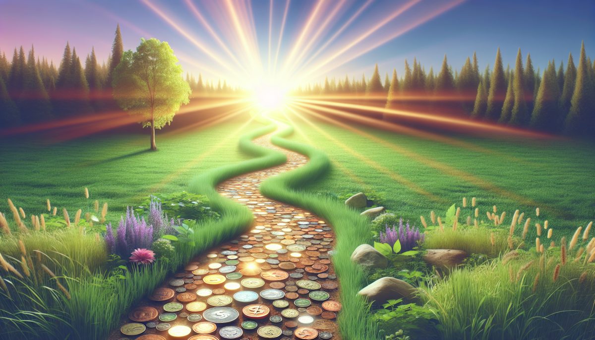 A tranquil path with scattered coins leading towards a glowing horizon, representing the dream of finding money.