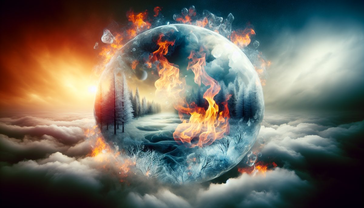 A dreamlike scene of flames surrounded by ice, symbolizing contrasting elements.