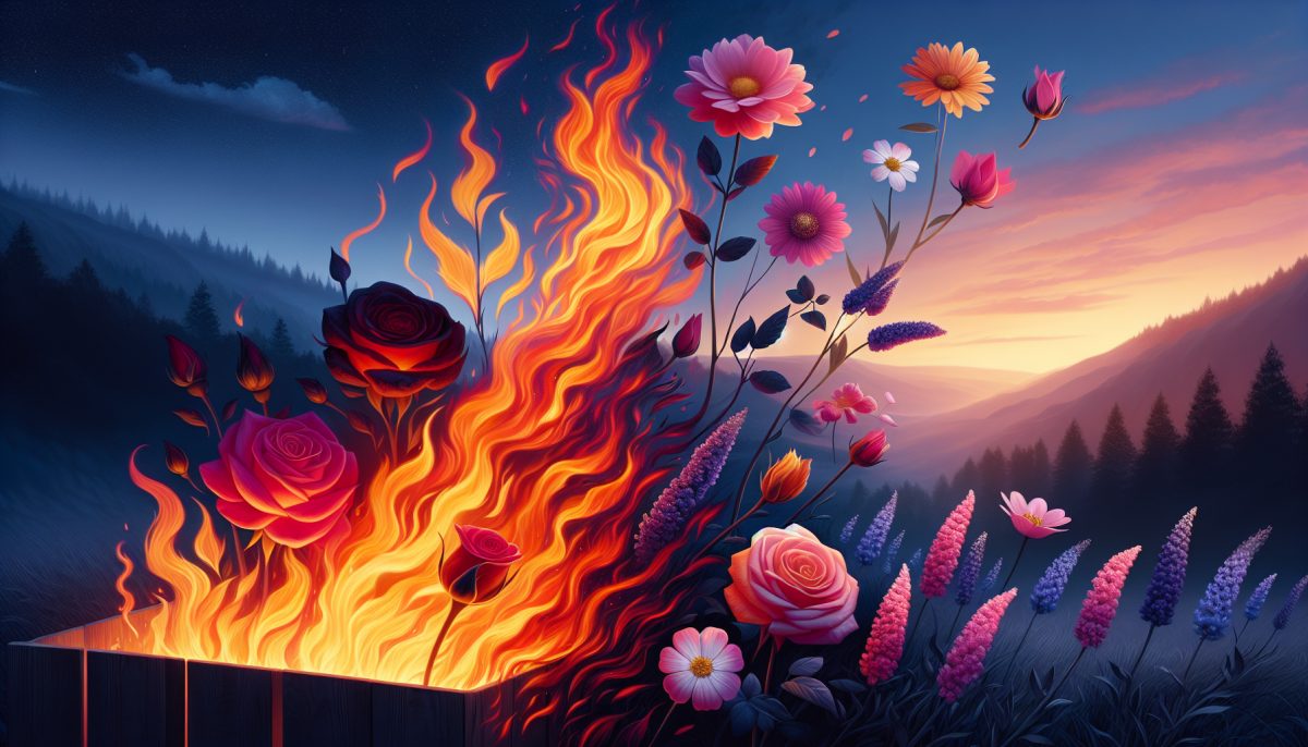 A serene landscape where flames gracefully transform into colorful flowers.