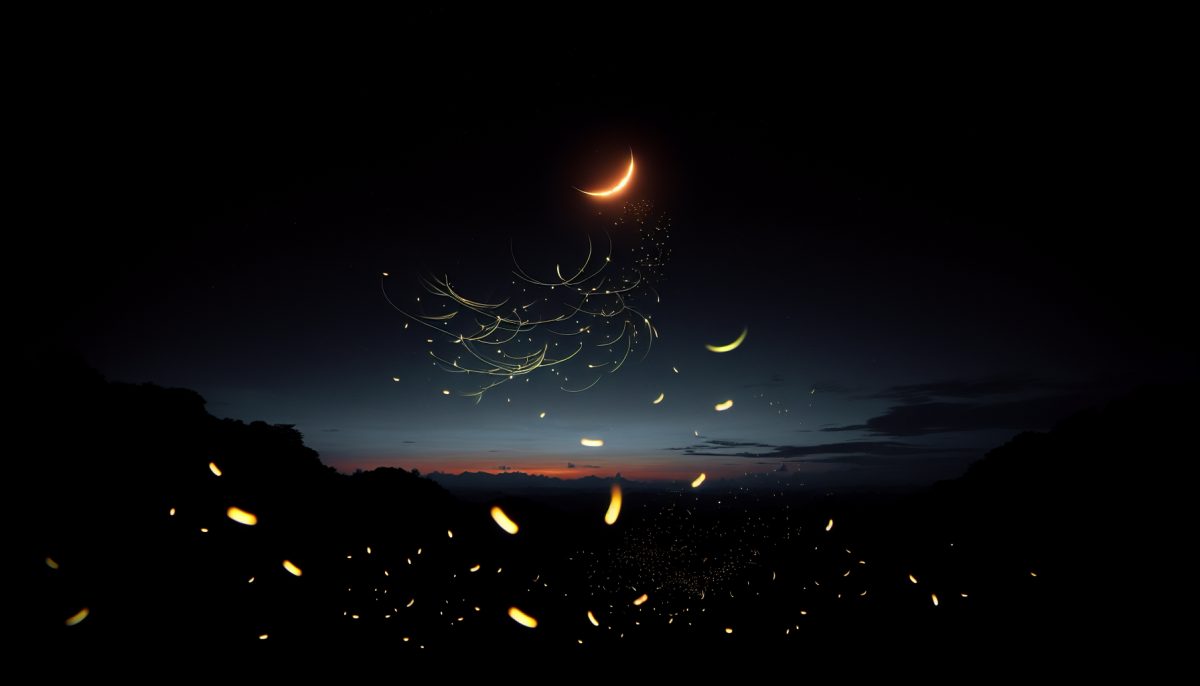 A tranquil night with glowing fireflies creating shapes and words in the air.