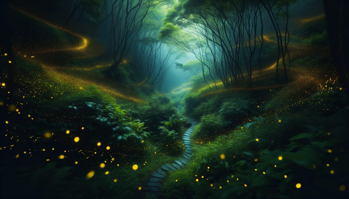 A tranquil forest path lit by glowing fireflies at night.