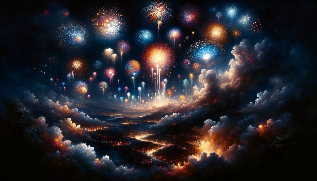 A vibrant display of silent fireworks lighting up a night sky.