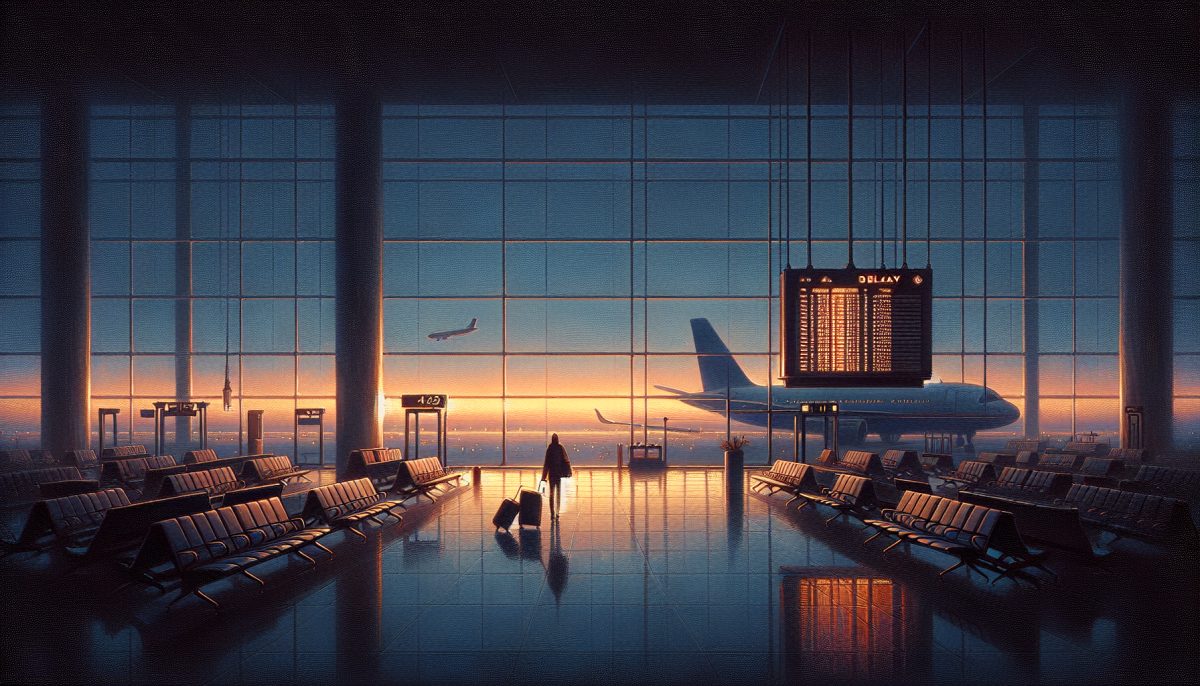 Symbolic illustration of a traveler waiting in an airport lounge while a plane is delayed outside at twilight.