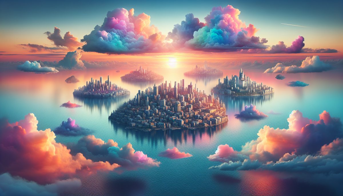 A picturesque view of floating cities in the sky over calm waters during sunset.