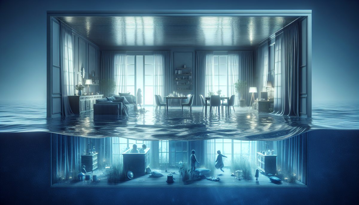 Symbolic illustration of a home interior filling with water under moonlight