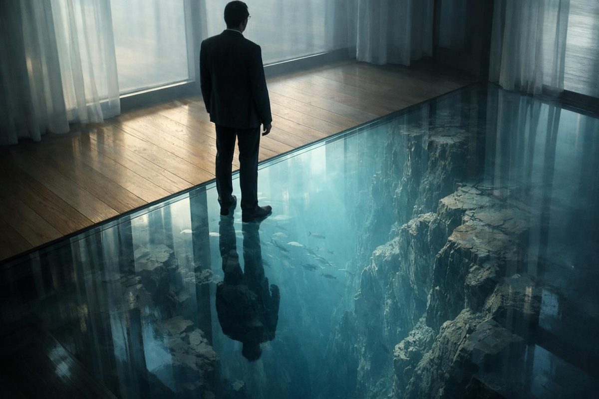 A symbolic illustration of a floor turning into clear glass beneath a person's feet, revealing depth below.