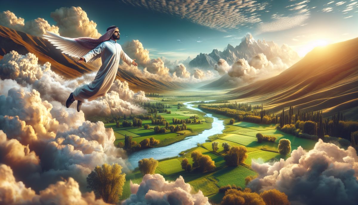 A person flying above clouds, representing freedom and exploration.