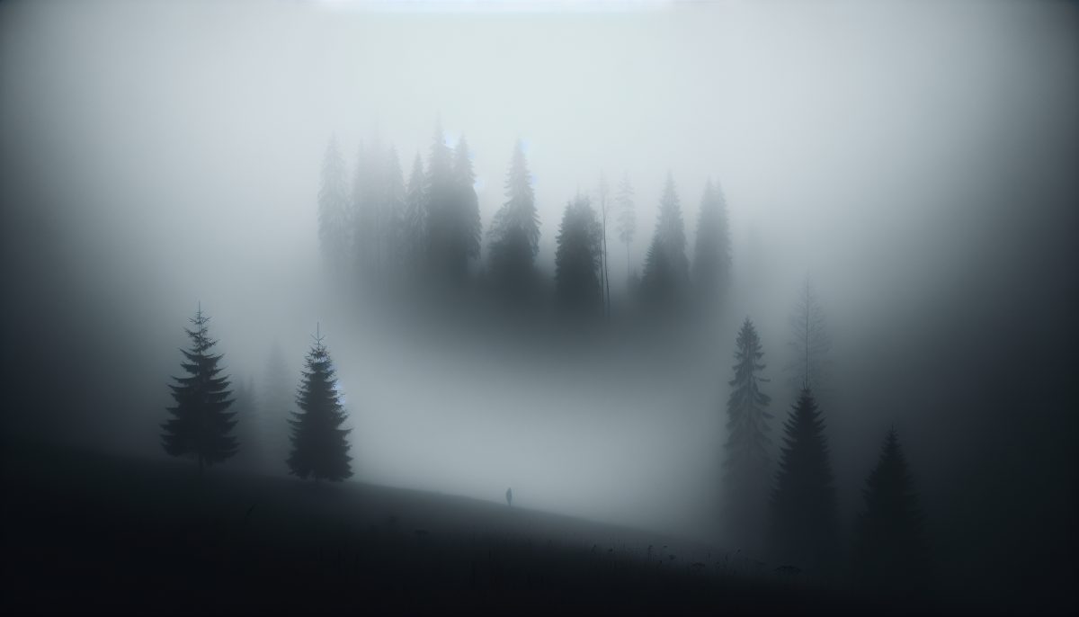 A misty landscape with trees and a figure fading into the fog.