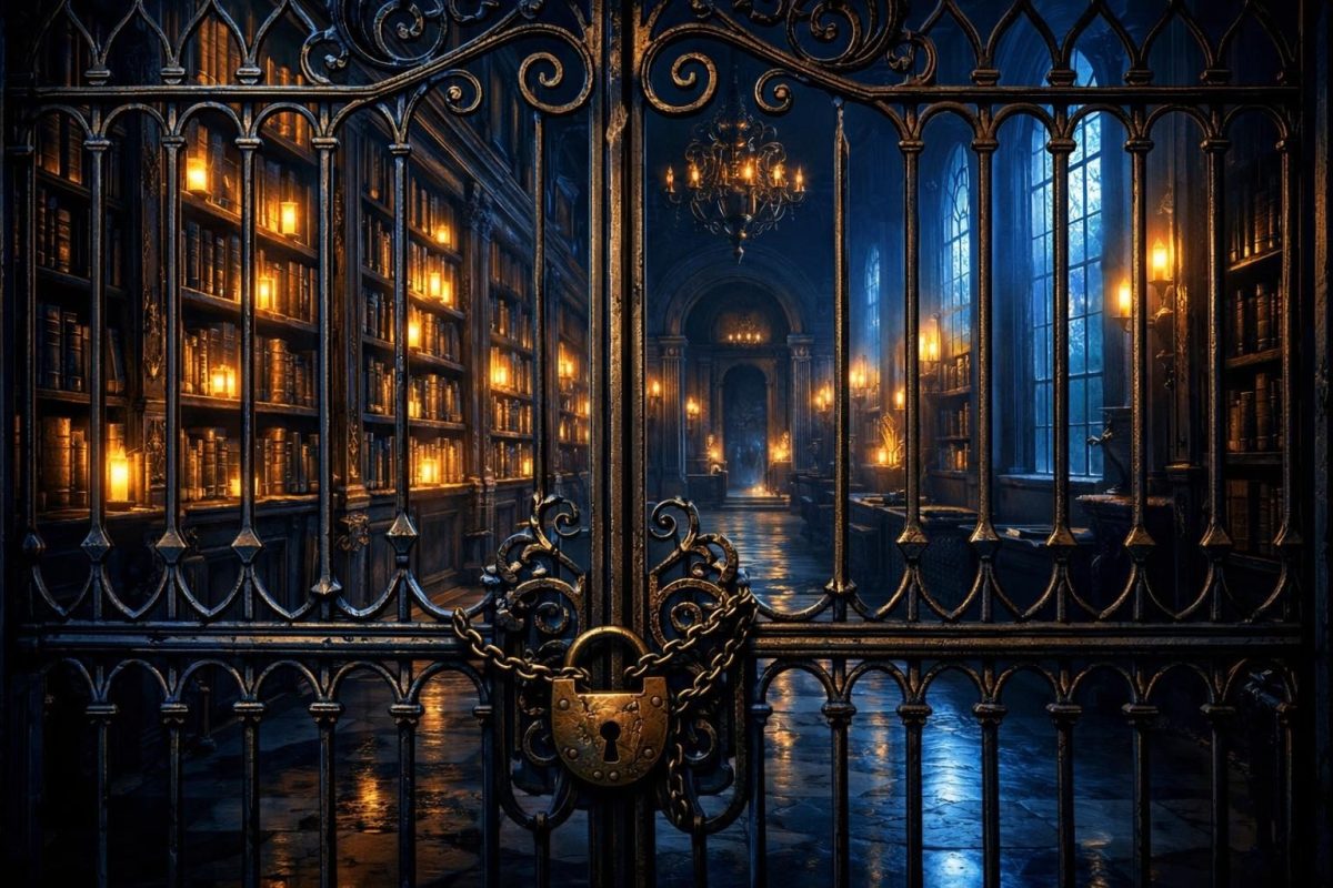 Symbolic illustration of a locked ancient library with glowing books and moonlight
