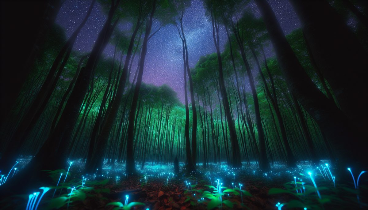 A dreamlike forest glowing at night with luminous trees and a quiet path through the darkness.