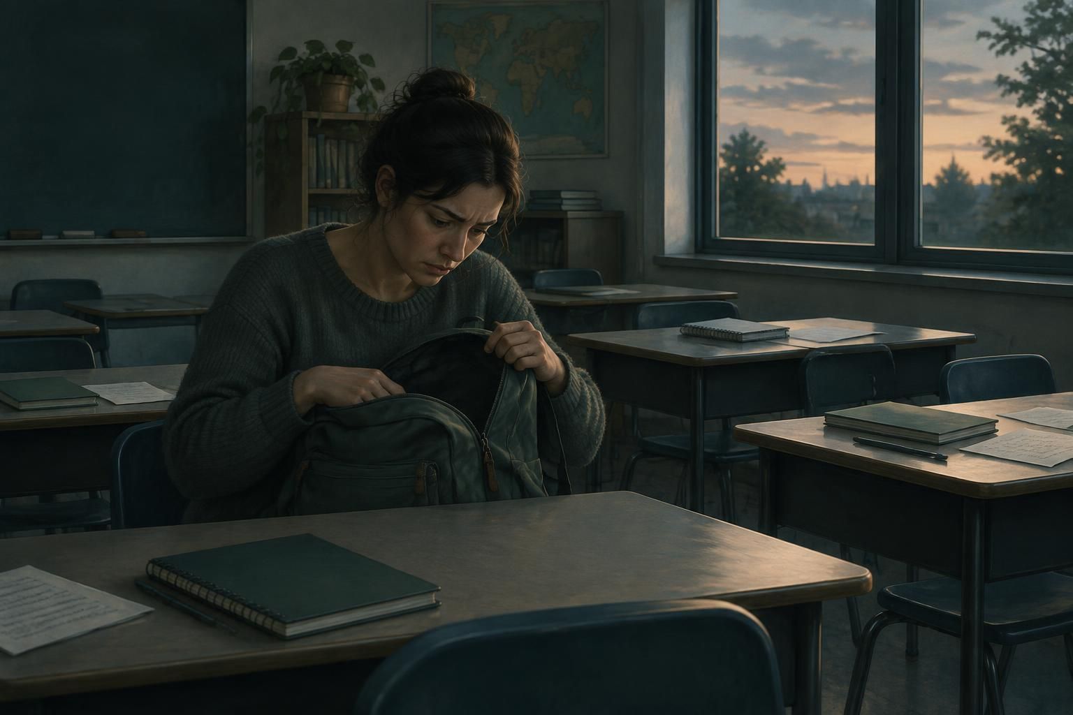 An adult in a quiet classroom searching a backpack after realizing a homework assignment is missing.