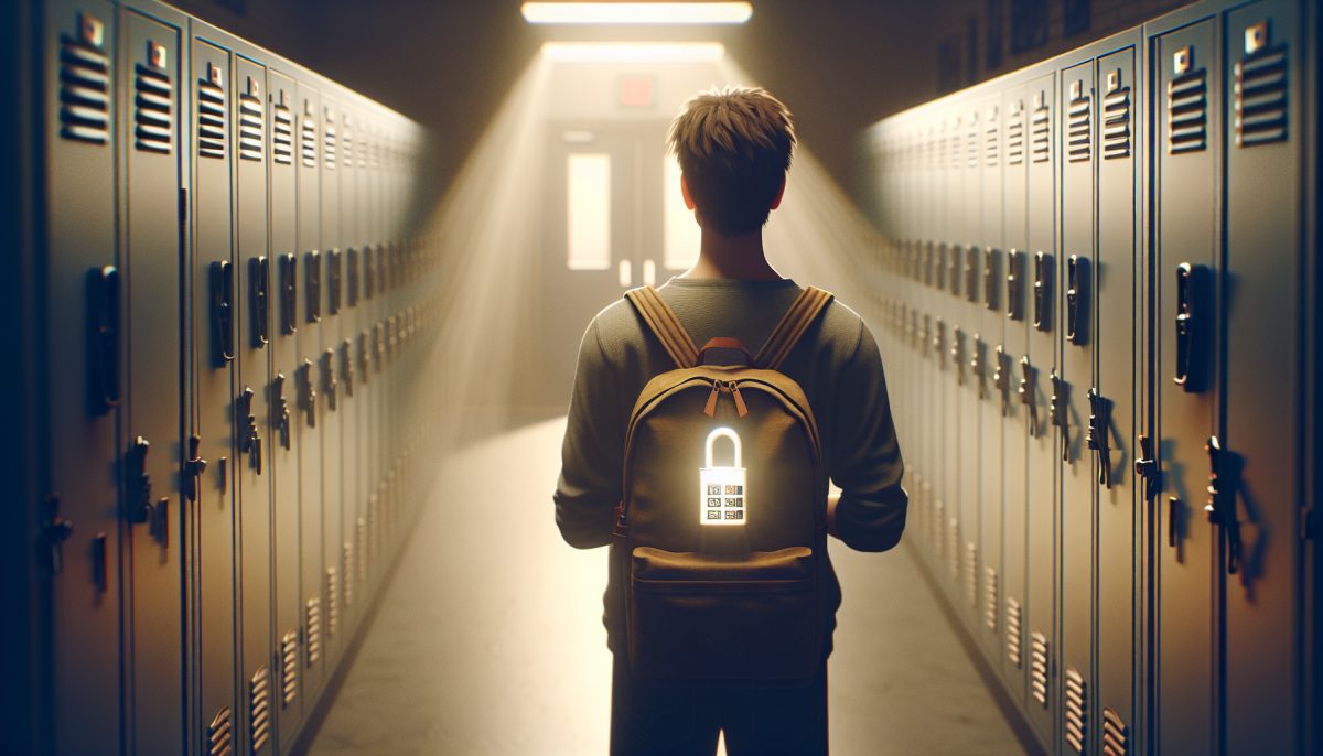 Symbolic illustration of a person in a school hallway unable to remember a locker combination while facing a glowing locker.
