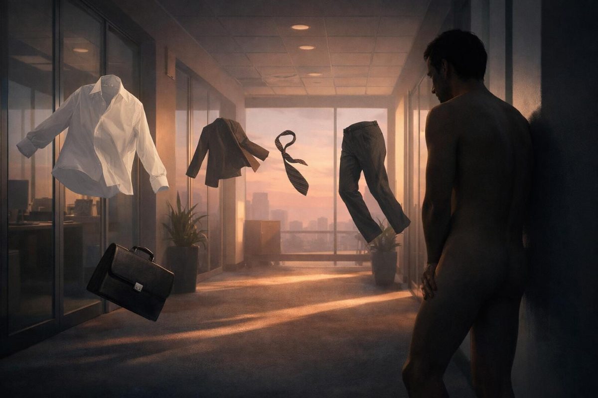 Symbolic illustration of a person in an office feeling exposed after forgetting their clothes at work