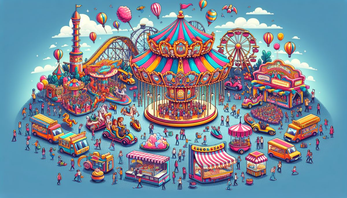 A colorful fun fair scene with rides, games, and no clear exit, symbolizing entrapment and exploration.