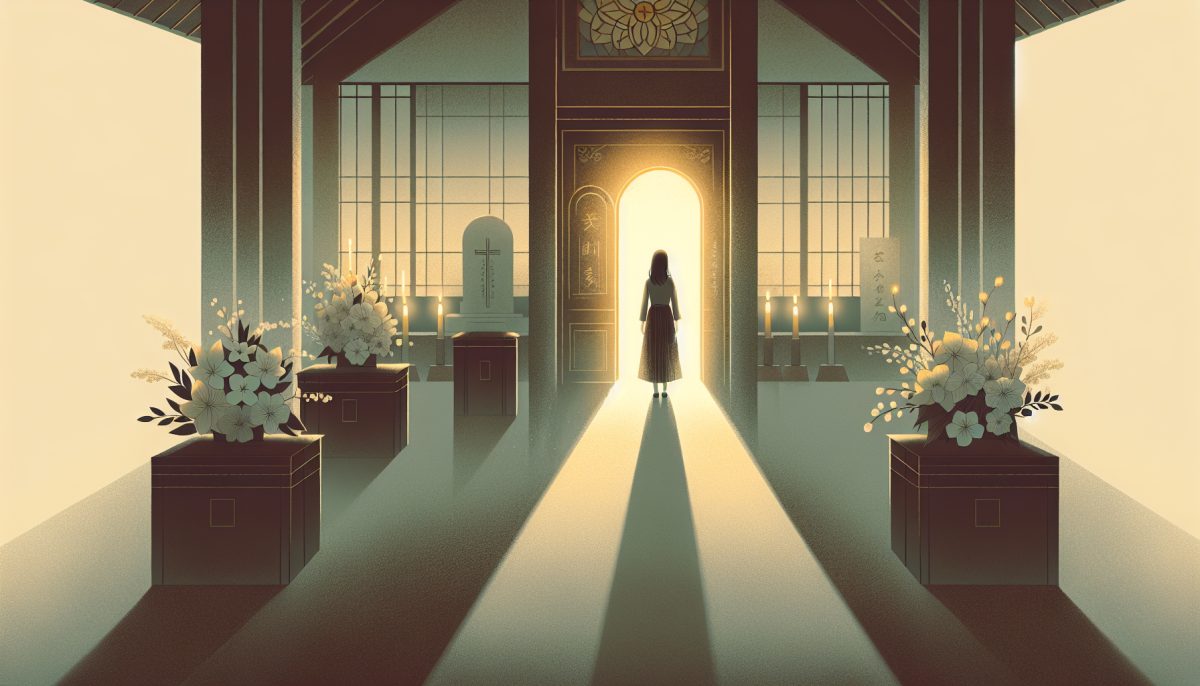 Symbolic illustration of a person at a funeral unable to leave, with a distant glowing doorway in a quiet hall.
