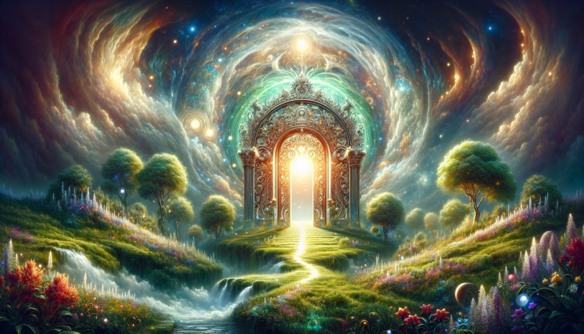 A mystical gate illuminated by soft light in a serene natural setting.