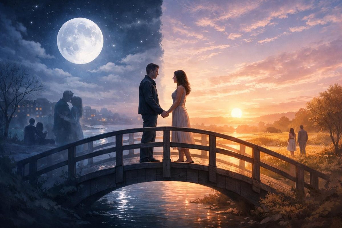 Symbolic illustration of two former partners meeting on a moonlit bridge between past memories and a new beginning
