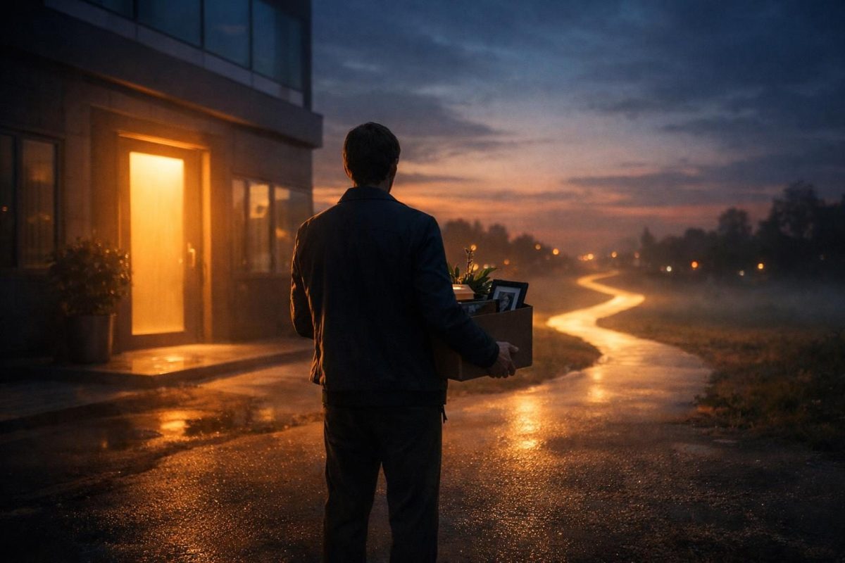 Symbolic illustration of a person outside an office after being fired, holding a box while a new path opens ahead