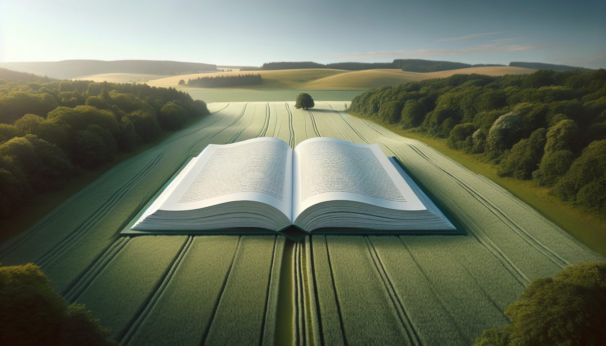 A giant book opening amidst a tranquil landscape, representing exploration and wisdom.