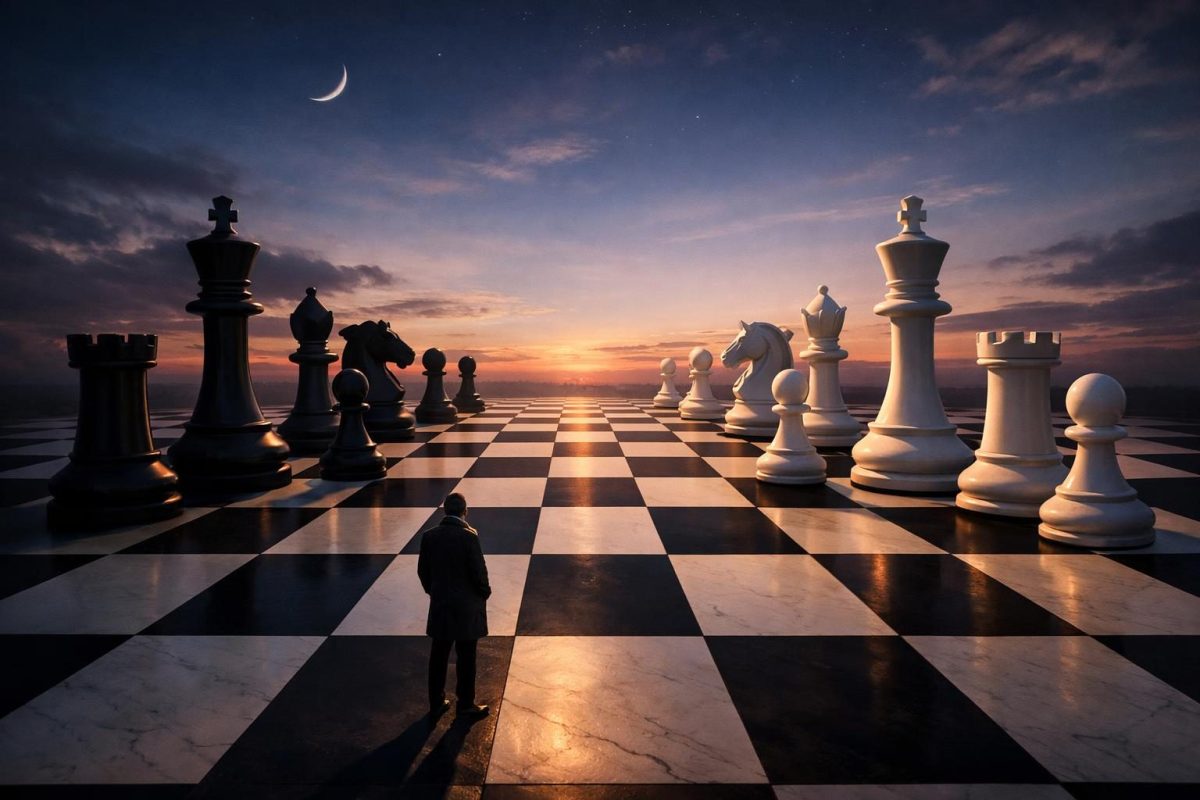 A symbolic illustration of a person standing before a giant chessboard with oversized chess pieces under a twilight sky.