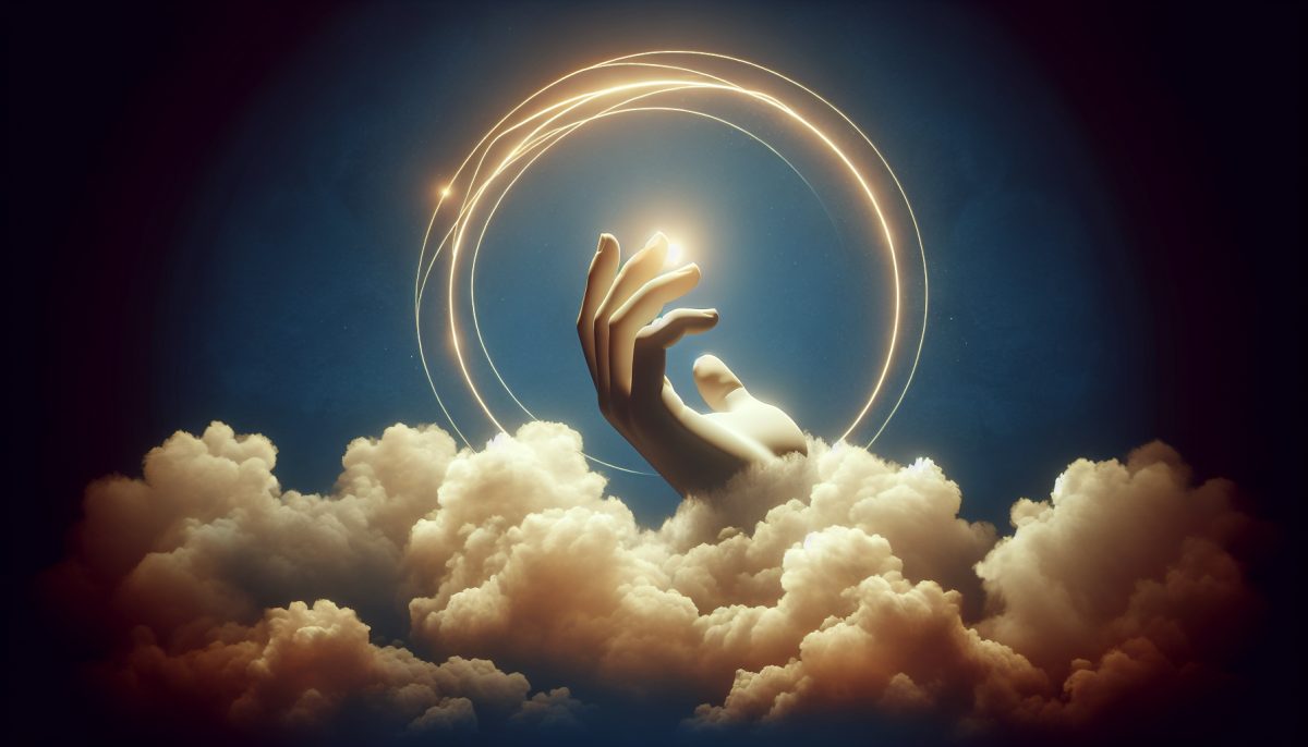 A surreal giant hand reaching from the sky through glowing clouds, symbolising guidance, intervention, and higher power.
