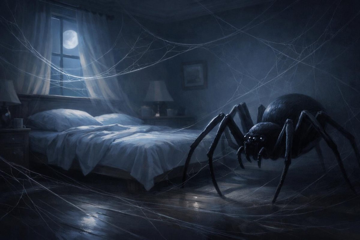 Symbolic illustration of a giant spider in a moonlit bedroom near a bed
