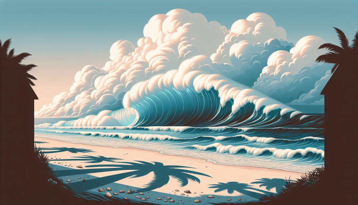A serene beach with giant waves approaching, symbolizing change and emotional depth.