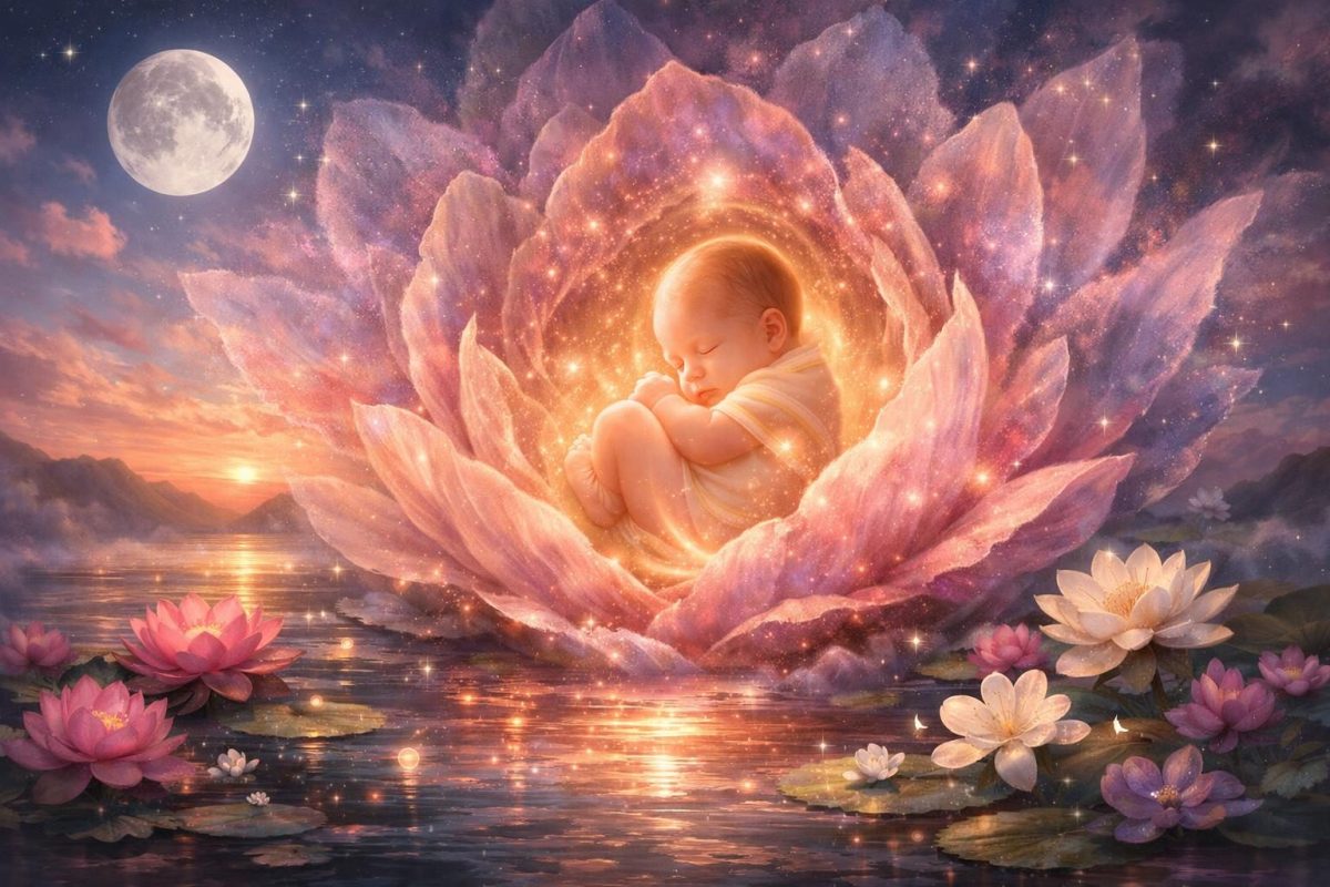 Symbolic illustration of giving birth in a dream with soft light, flowers, water, and dawn colours representing new beginnings