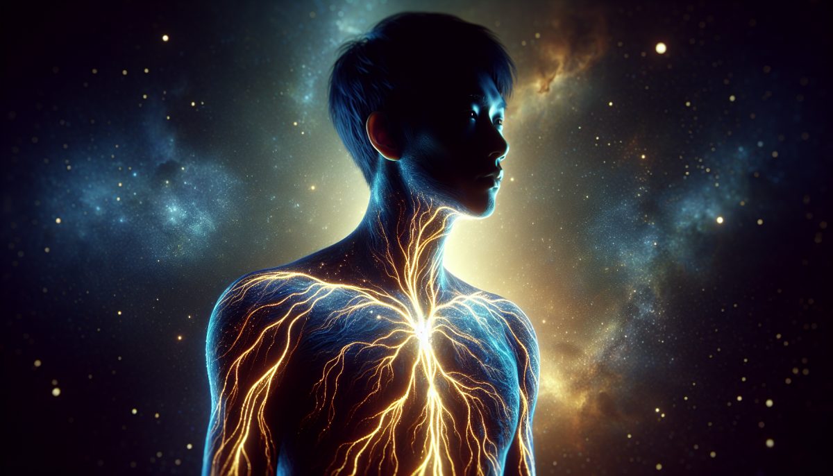 Symbolic illustration of a person with softly glowing veins in a dreamlike dark setting