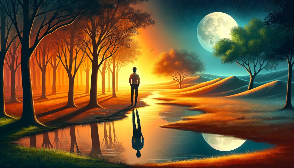 A person standing in dim light while a second shadow stretches beside them.