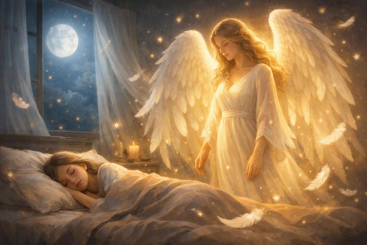A glowing guardian angel stands beside a sleeping person in a peaceful moonlit room.