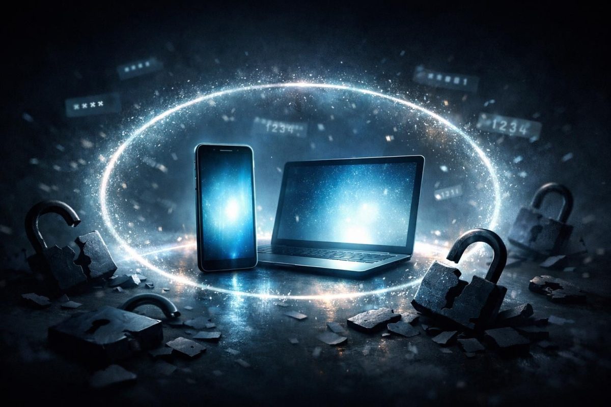 Symbolic illustration of a hacked digital account with broken locks around a phone and laptop