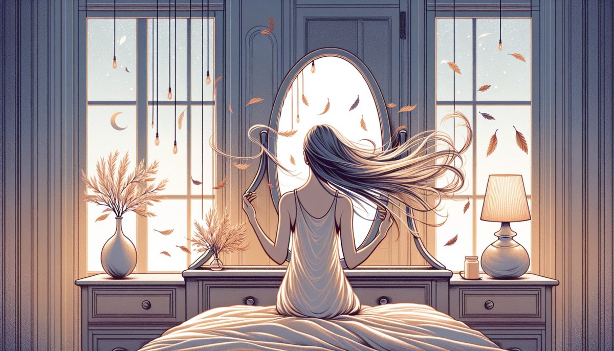 Symbolic illustration of a person seeing hair fall out in a mirror as loose strands drift like leaves in soft moonlight
