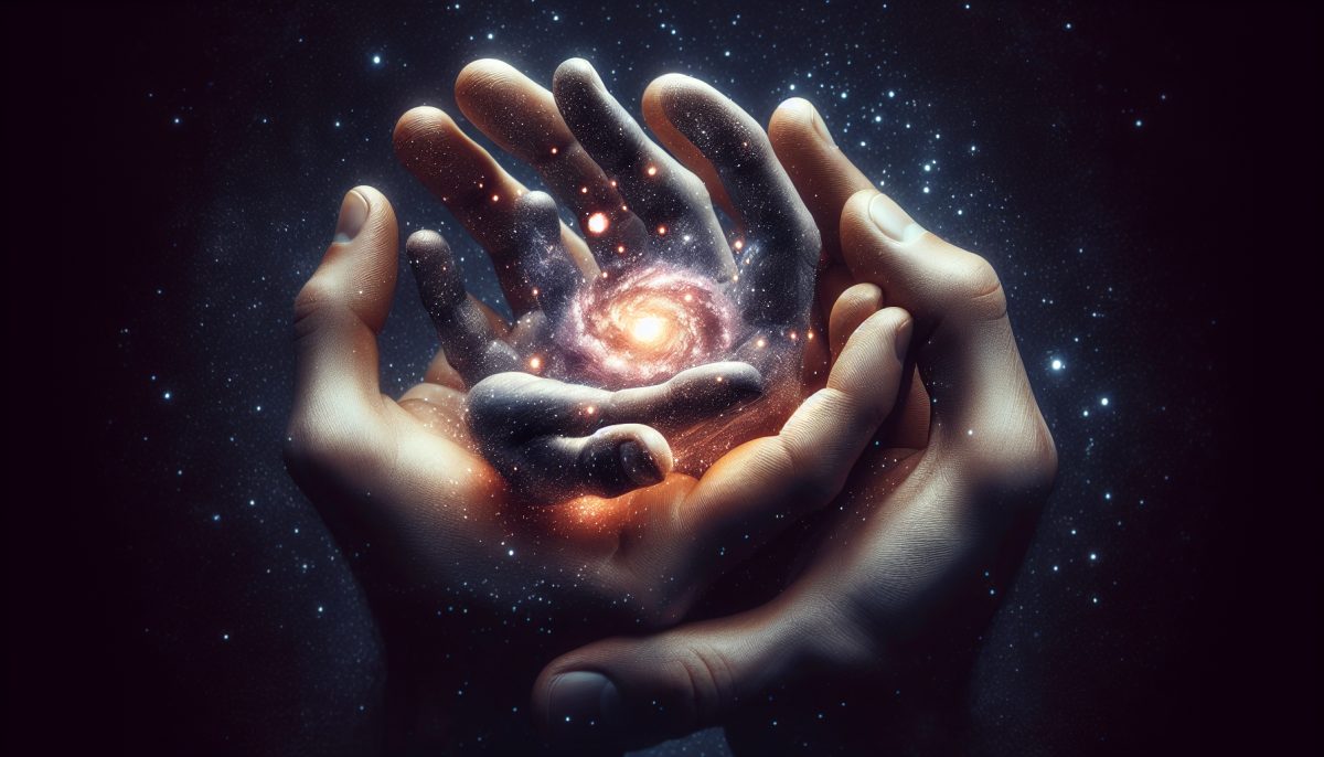 Illustration of two hands cradling a glowing universe filled with stars and cosmic light.