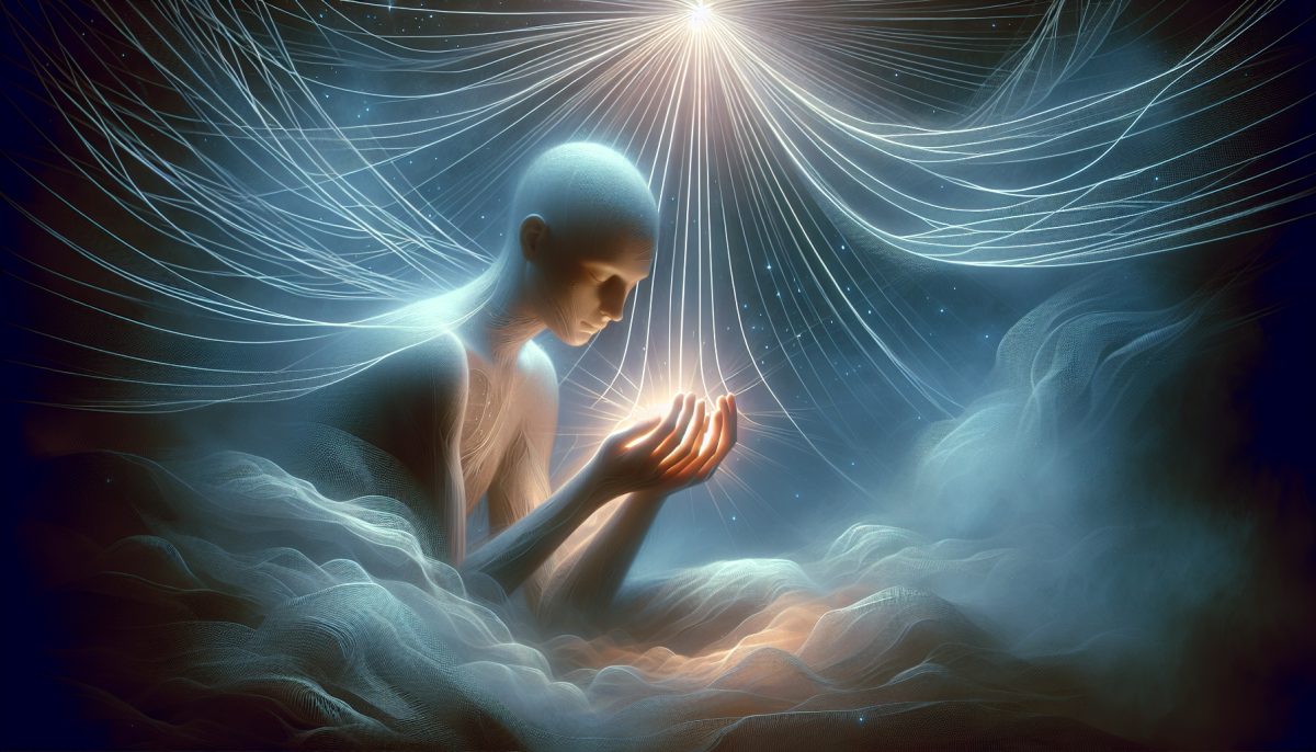 Dreamlike illustration of a person with hands stuck together, symbolising restriction and attachment